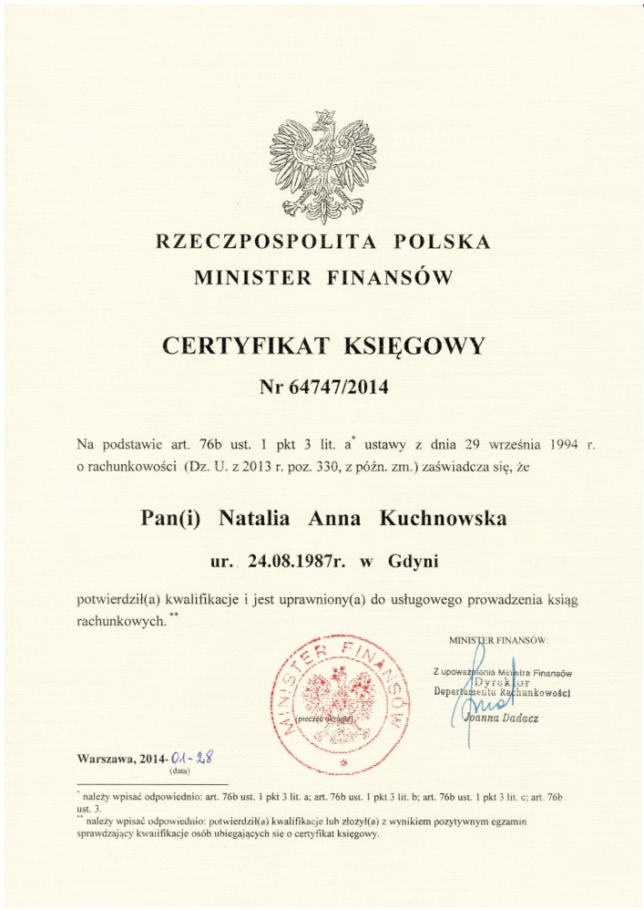Certyfikat Księgowy wydany przez Ministra Finansów
