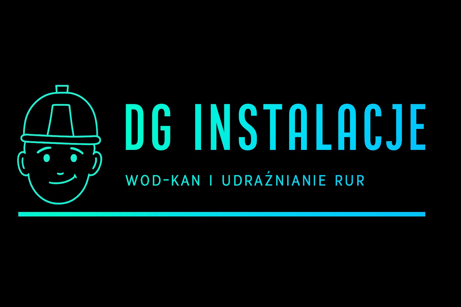 Neonowy logotyp firmy DG Instalacje z ikoną hydraulika w kasku, oferującej usługi WOD-KAN i udrażniania rur, na czarnym tle. Minimalistyczny design.