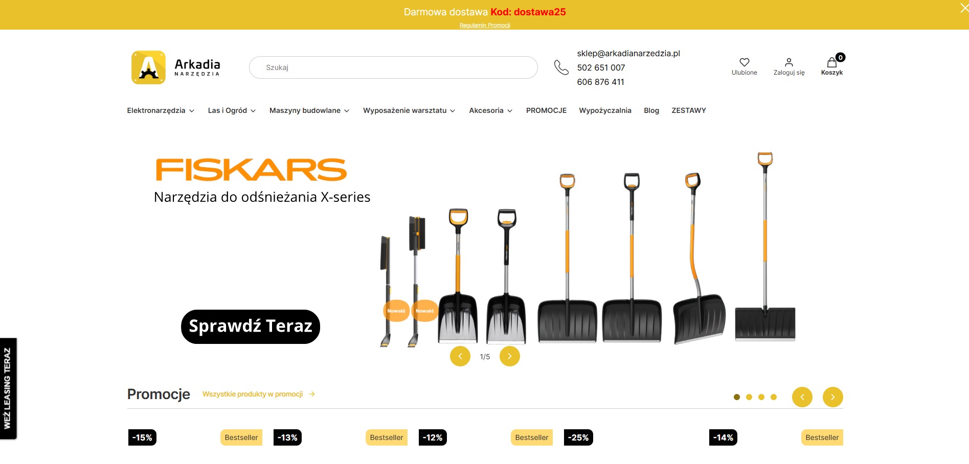 Strona internetowa sklepu z narzędziami Arkadia Narzędzia, prezentująca ofertę łopat do odśnieżania Fiskars X-series. Widoczne logo, menu nawigacyjne i promocje.