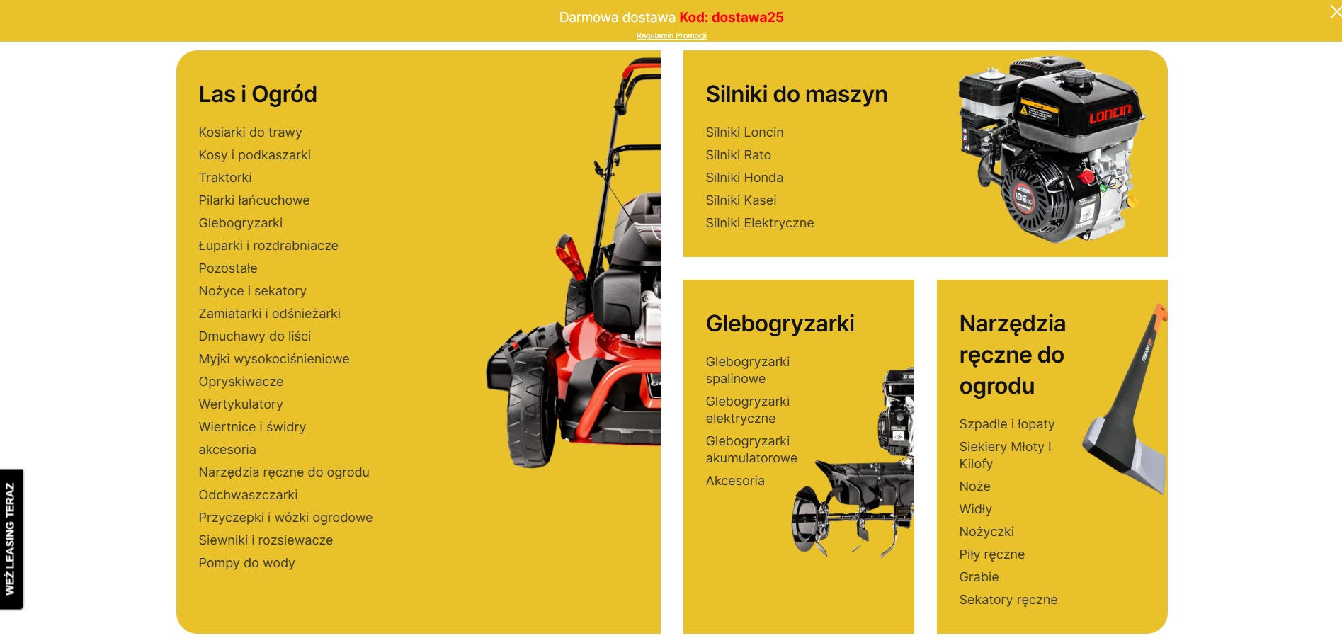 Grafika prezentująca ofertę narzędzi ogrodowych: kosiarki, glebogryzarki, silniki do maszyn i narzędzia ręczne, z hasłem o darmowej dostawie i leasingu.