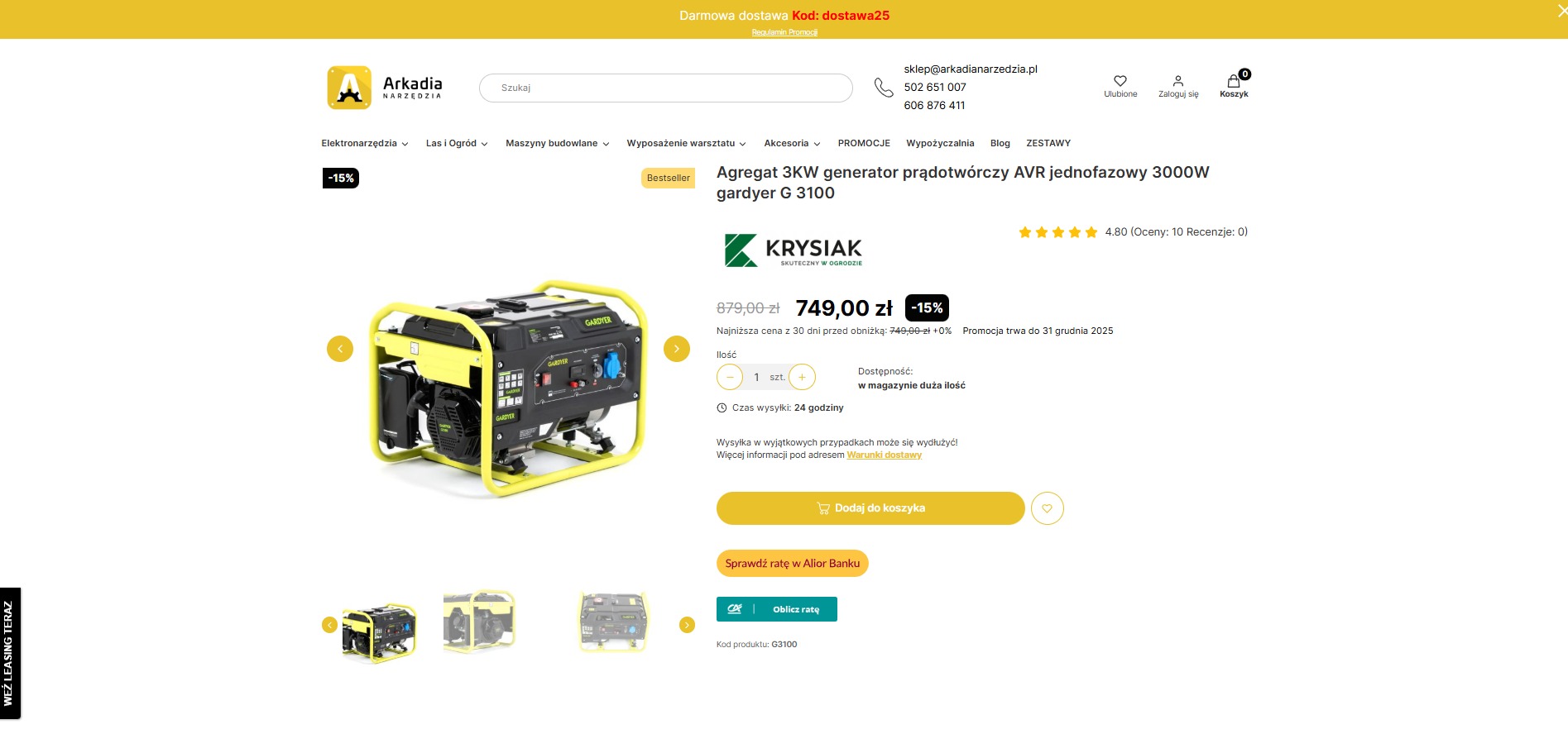 Żółto-czarny agregat prądotwórczy Gardyer G 3100 na białym tle strony internetowej sklepu z narzędziami, z widocznymi cenami i informacjami o dostępności.