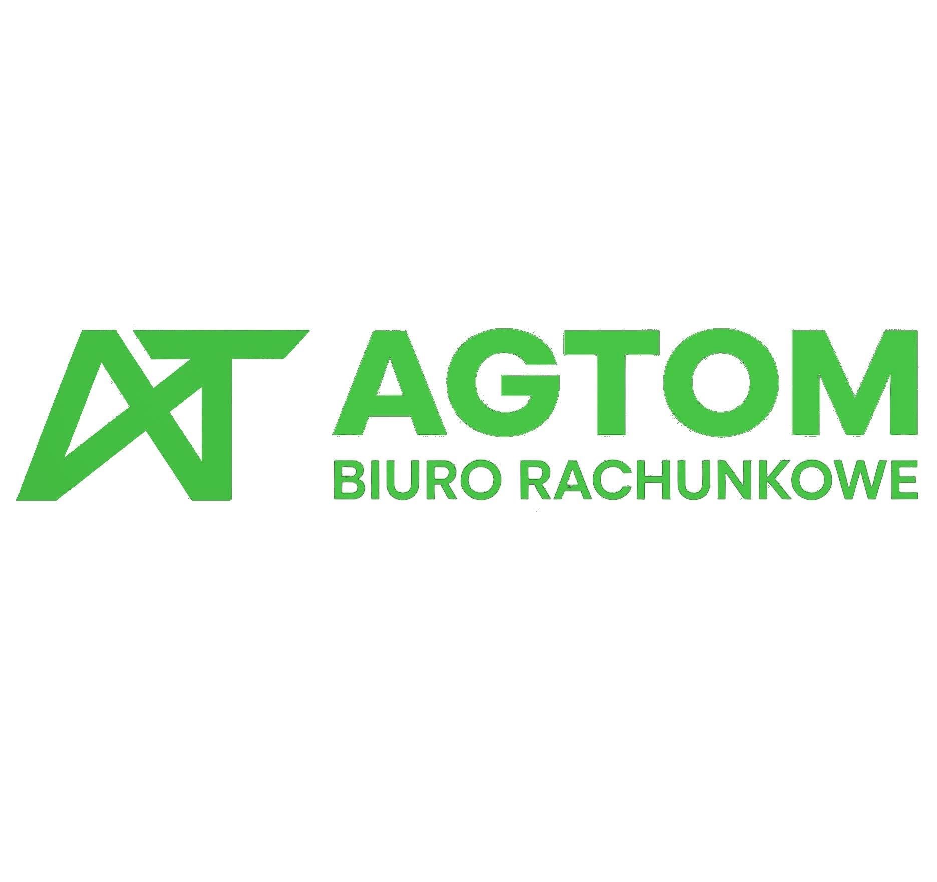 Zielone logo 'AGTOM Biuro Rachunkowe' na białym tle. Minimalistyczny design z geometrycznym symbolem po lewej stronie nazwy firmy.