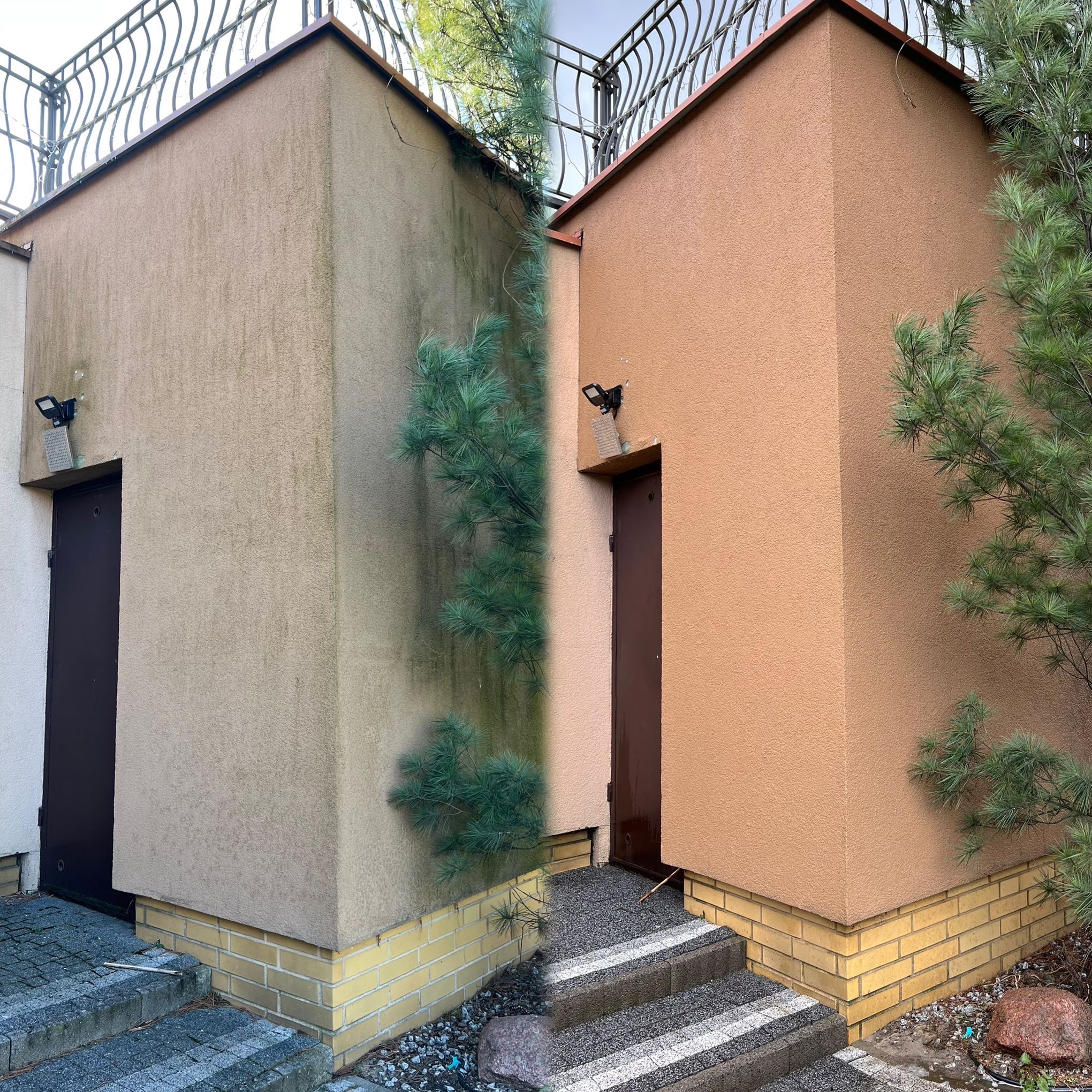 Elewacja budynku w ujęciu 'przed i po' czyszczeniu. Po lewej stronie widoczny brudny fragment, po prawej - czysta, odświeżona powierzchnia w odcieniach beżu i brązu.