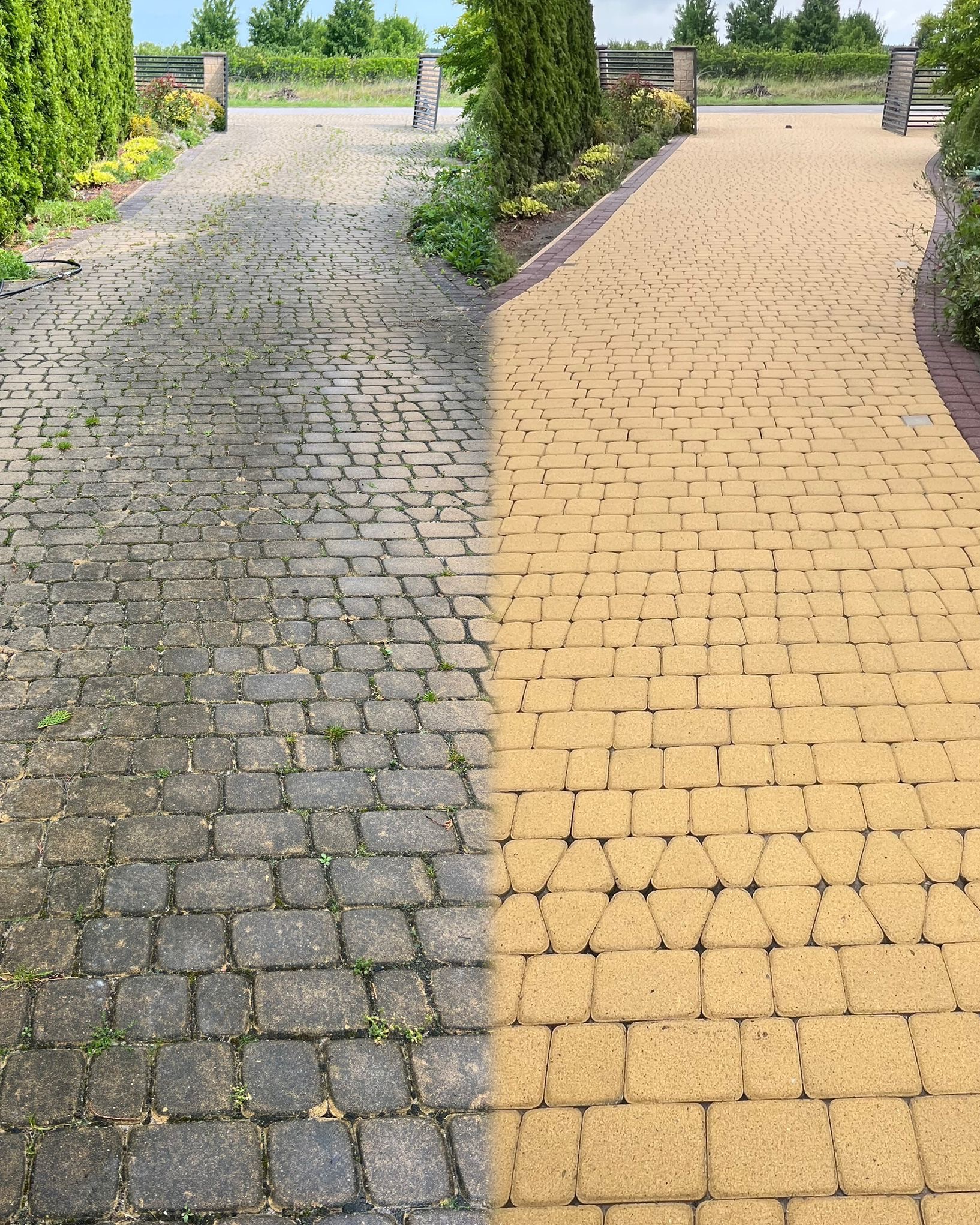 Kostka brukowa przed i po czyszczeniu. Lewa strona szara, zabrudzona, z chwastami. Prawa strona czysta, w odcieniach beżu i żółci. Widok z góry, perspektywa zbieżna.