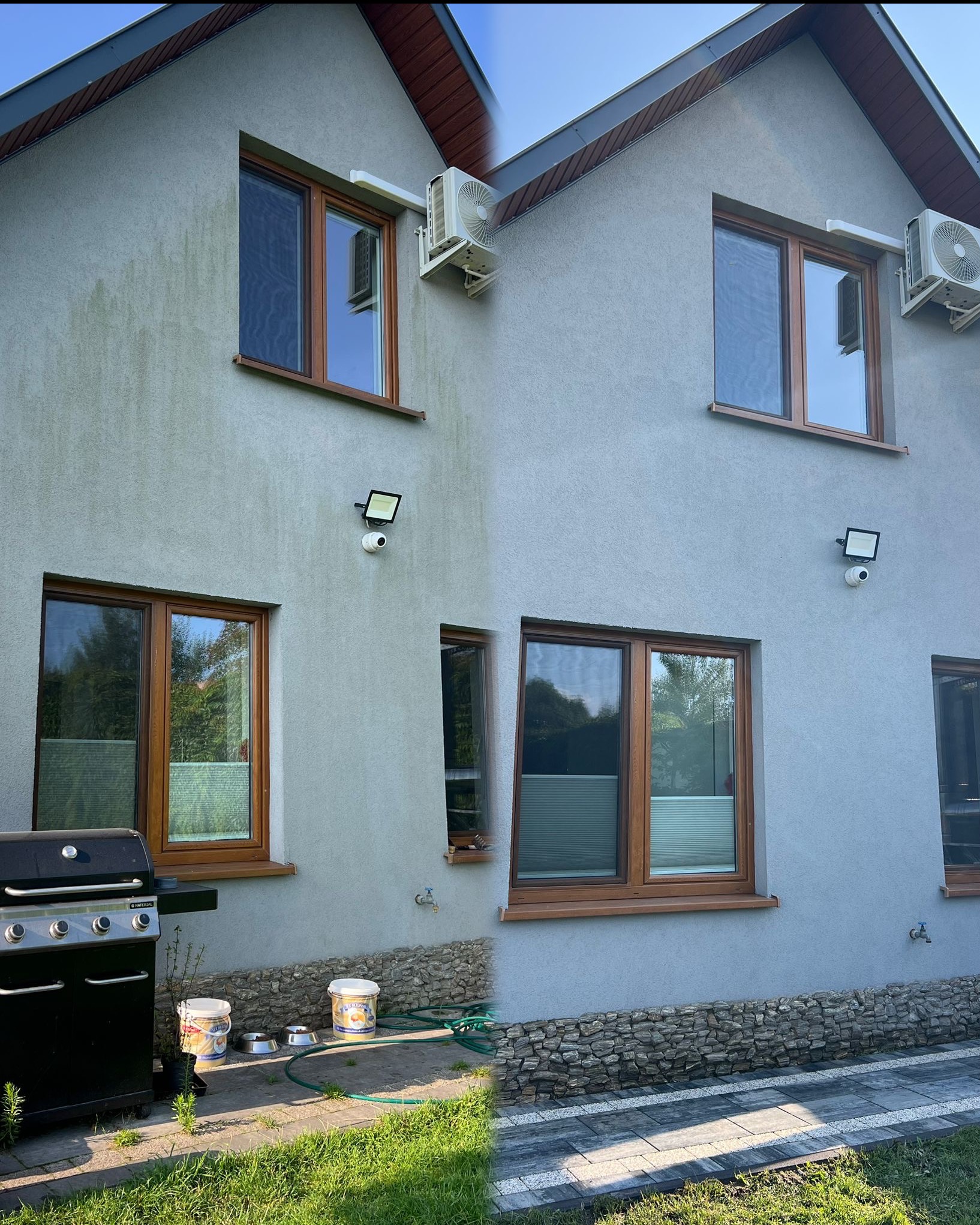 Zdjęcie elewacji domu przed i po myciu. Lewa strona brudna, pokryta zielonym nalotem, prawa strona czysta, szara. Widoczne okna z brązowymi ramami, klimatyzator i oświetlenie.