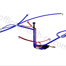 iTech Radosław Podwika - Schemat 3D instalacji z przewodami w kolorach niebieskim i czerwonym, zamocowanymi do białych uchwytów. Widok z góry, na białym tle.