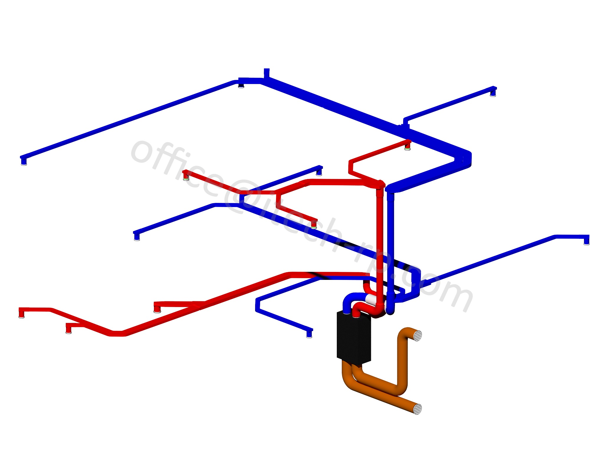 Izometryczny schemat instalacji wentylacyjnej i klimatyzacyjnej w biurze, z rurami oznaczonymi kolorami: niebieski, czerwony i pomarańczowy na białym tle.