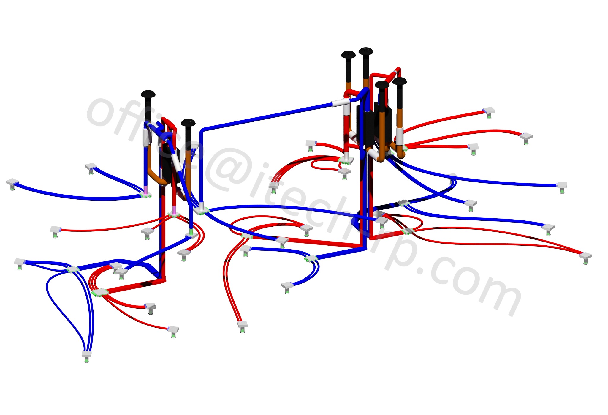 Schemat instalacji z rur w kolorach niebieskim i czerwonym, z elementami montażowymi. Wizualizacja 3D na białym tle, prezentująca projekt inżynieryjny.