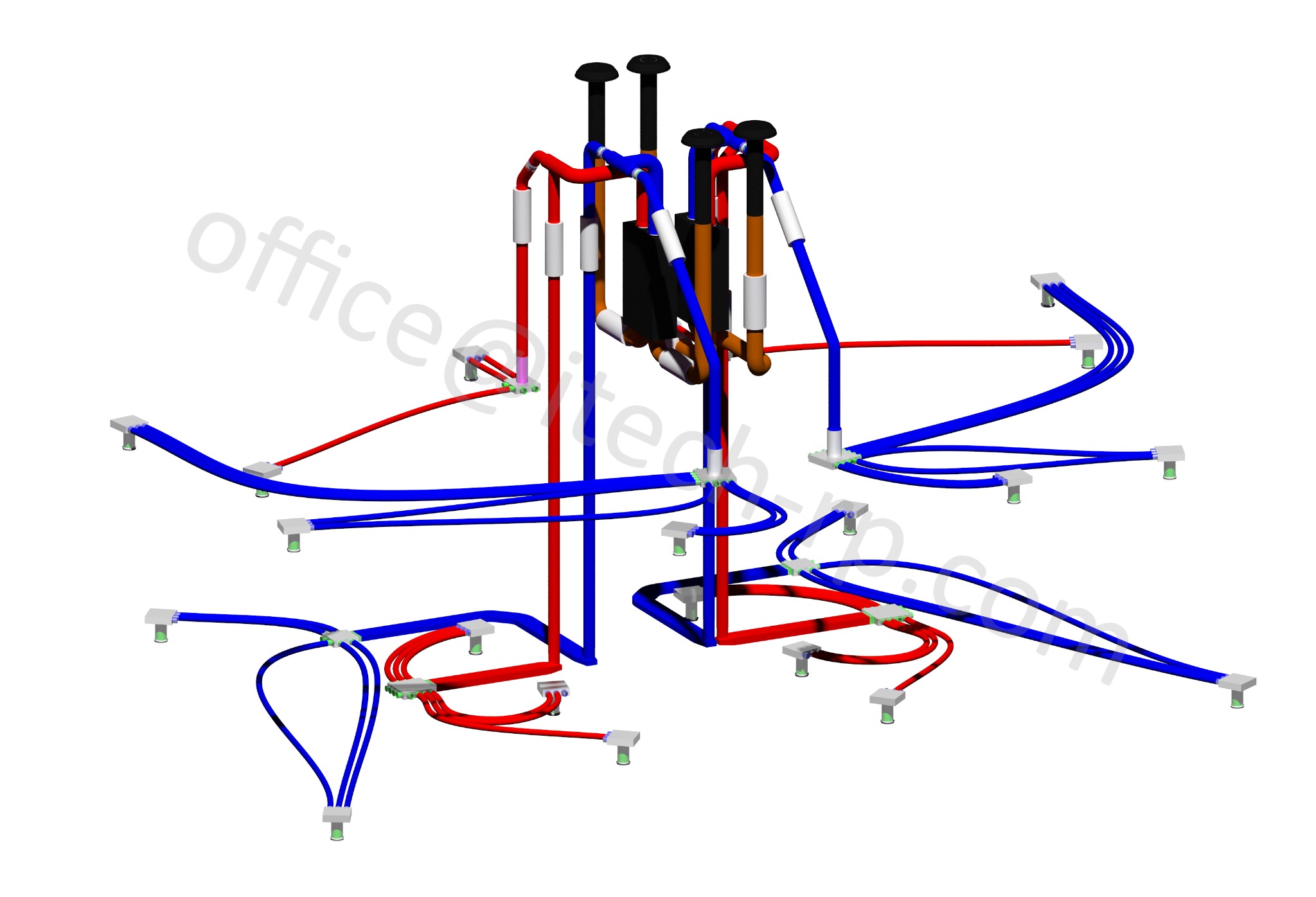 Schemat 3D instalacji sanitarnych z rurami w kolorach czerwonym i niebieskim, z białymi elementami mocującymi na białym tle. Widok z góry.