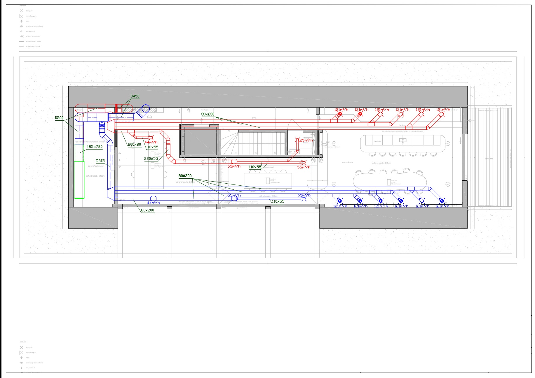 Plan instalacji wentylacyjnej w biurze, widok z góry. Schemat rurociągów wentylacyjnych z oznaczeniami przepływu powietrza i wymiarów. Projekt techniczny.