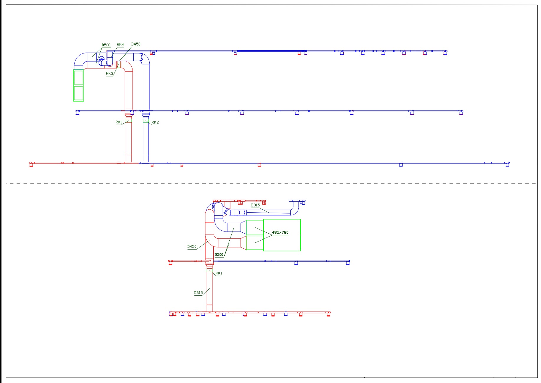 Schemat instalacji sanitarnej z oznaczeniami D500, D450, D315 i RK1-4. Projekt instalacji dla klienta z Uścia Gorlickiego. Rysunek techniczny w kolorze.