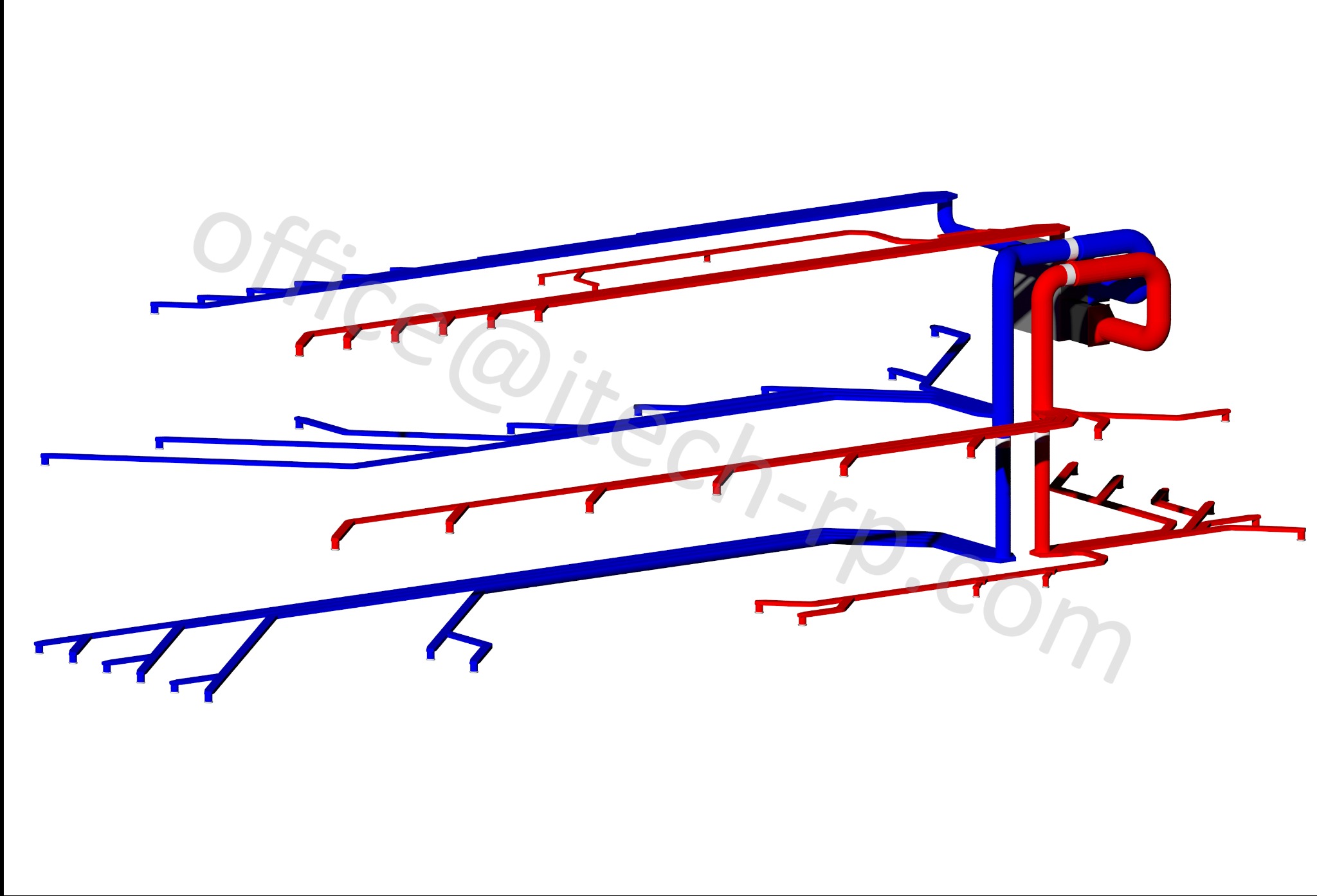 Schemat 3D instalacji sanitarnych z rurami w kolorze niebieskim i czerwonym na białym tle. Widoczne rozgałęzienia i połączenia. Modelowanie inżynieryjne z perspektywy.