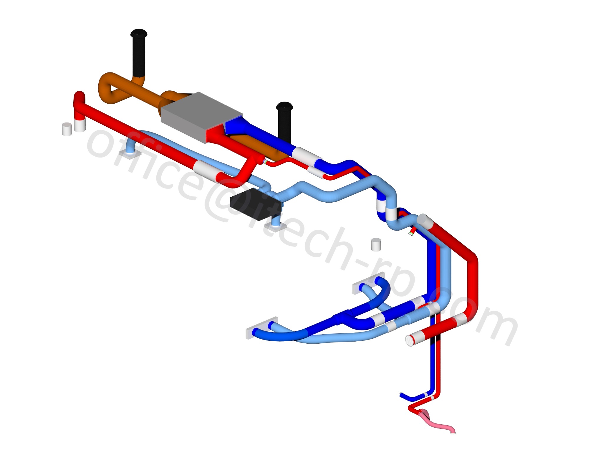 Schemat 3D instalacji sanitarnych z rurami w kolorach czerwonym i niebieskim, widok izometryczny na białym tle. Wizualizacja projektu instalacji.