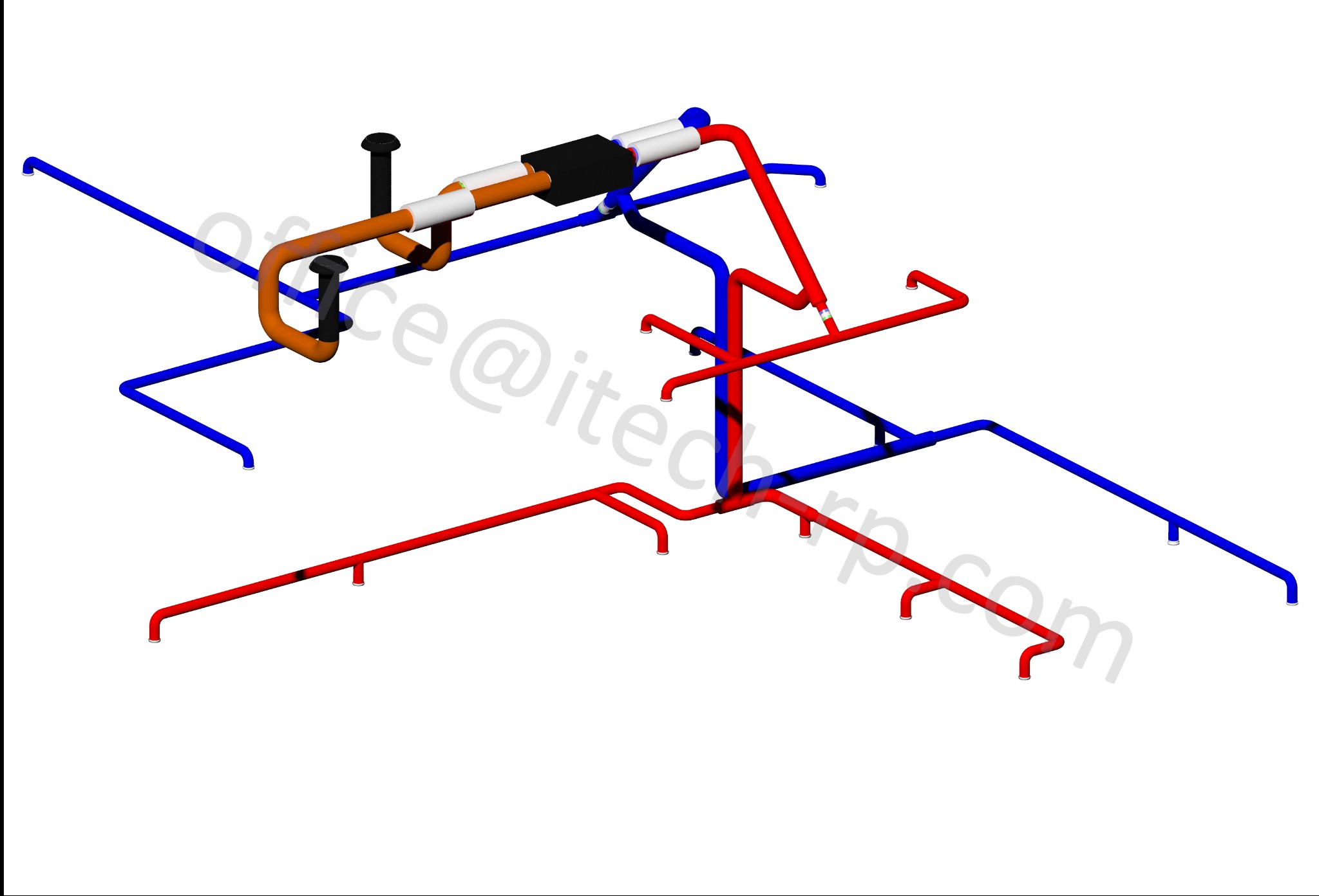 Schemat 3D instalacji sanitarnej z rurami w kolorach niebieskim, czerwonym i pomarańczowym na białym tle. Wizualizacja projektu instalacji wodnej i kanalizacyjnej.