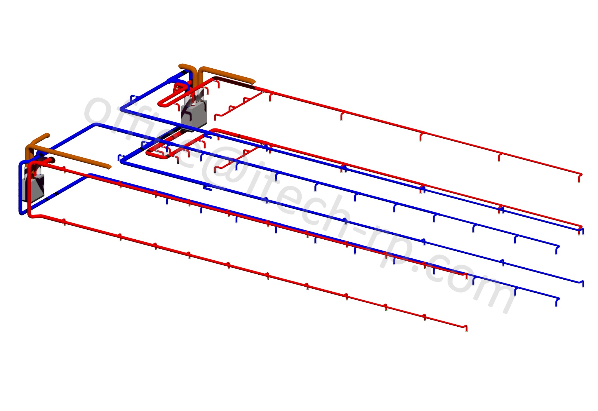 Schemat 3D instalacji sanitarnej z rurami w kolorach: czerwonym, niebieskim i brązowym. Widok izometryczny, prezentujący rozkład rur pod sufitem.