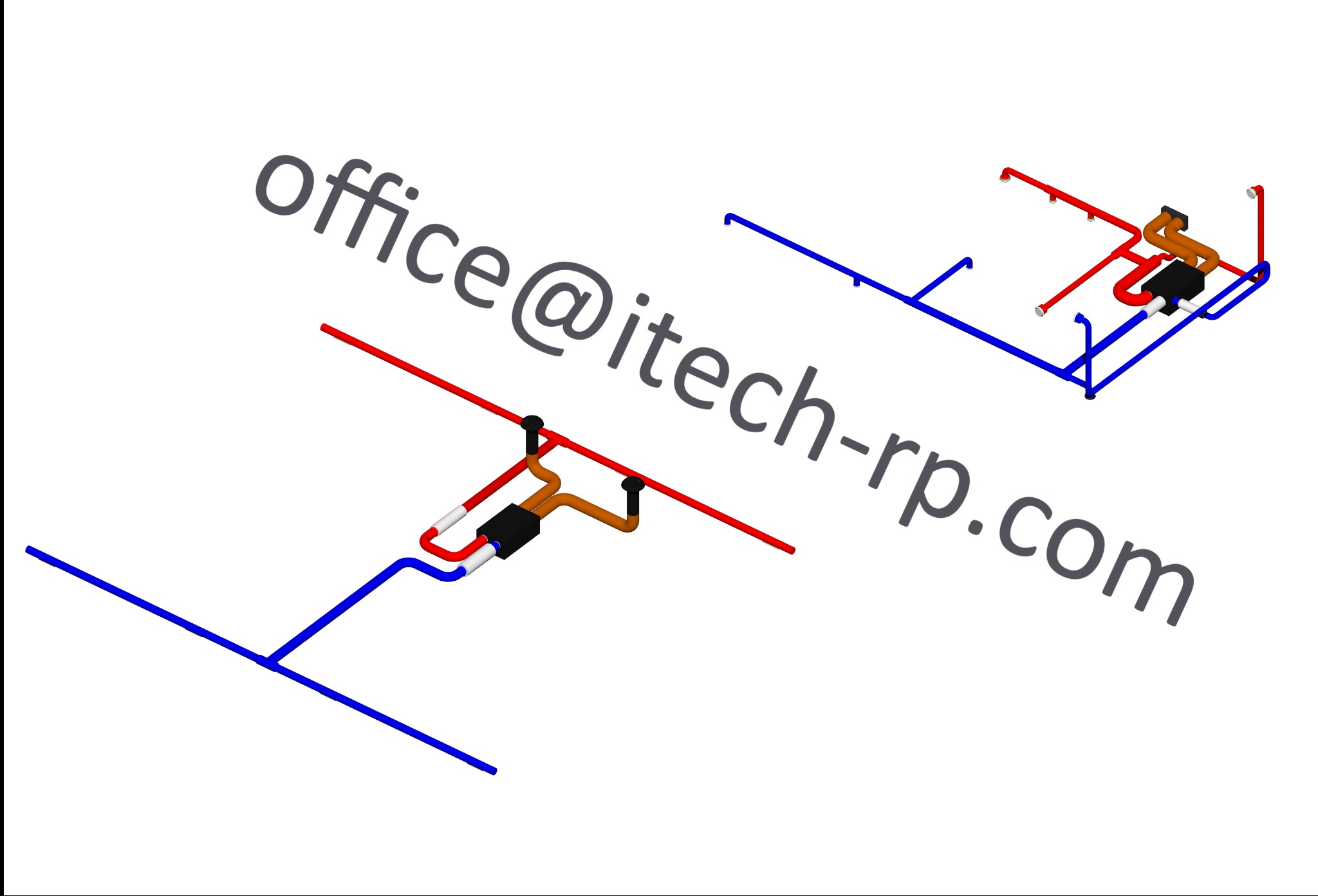 Schemat instalacji sanitarnej 3D z rurami w kolorach niebieskim, czerwonym i brązowym na białym tle. Widoczny adres e-mail firmy.