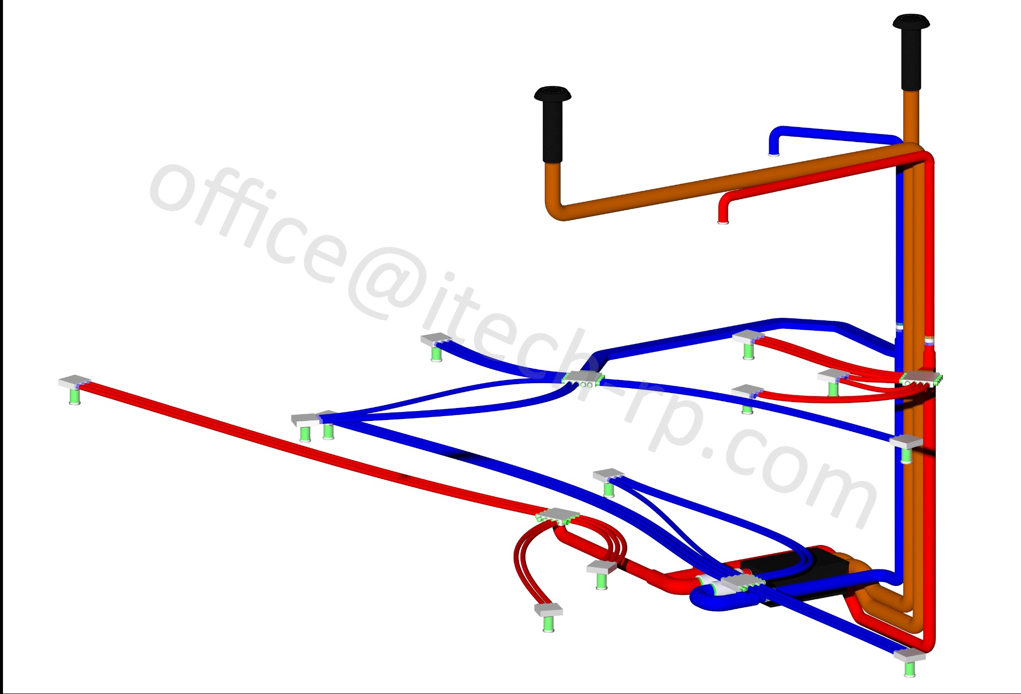 Schemat 3D instalacji sanitarnych z rurami w kolorach: czerwonym, niebieskim i brązowym, zamocowanymi do podłoża. Widoczne podpory i złącza. Białe tło.
