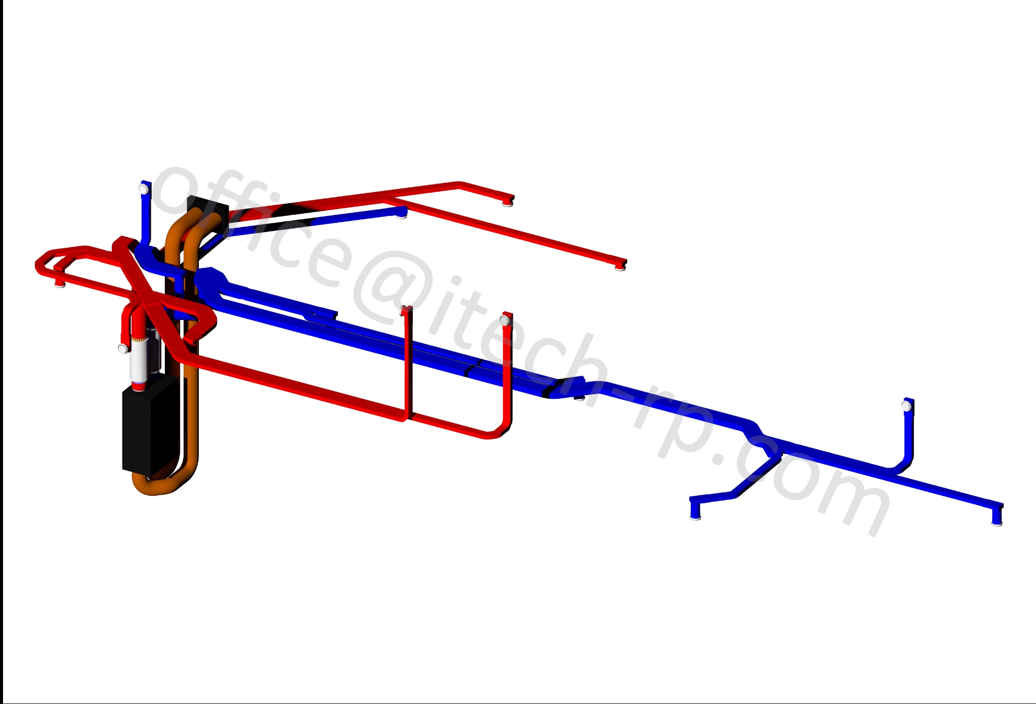 Kolorowy schemat 3D instalacji sanitarnych z rurami w odcieniach czerwieni, niebieskiego i brązu na białym tle. Wizualizacja projektu instalacji w budynku.