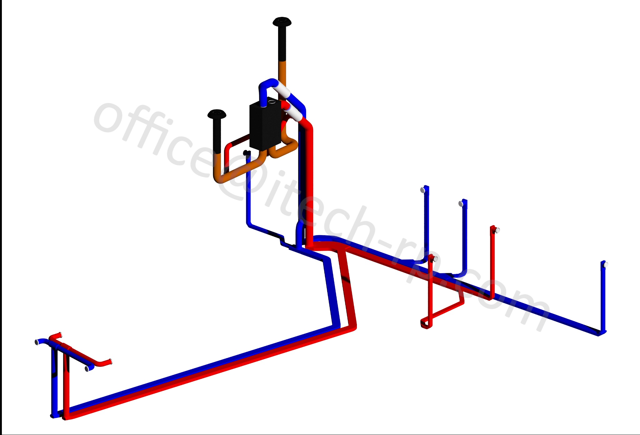 Schemat 3D instalacji sanitarnych z rurami w kolorach czerwonym i niebieskim, widok izometryczny na białym tle. Wizualizacja techniczna.