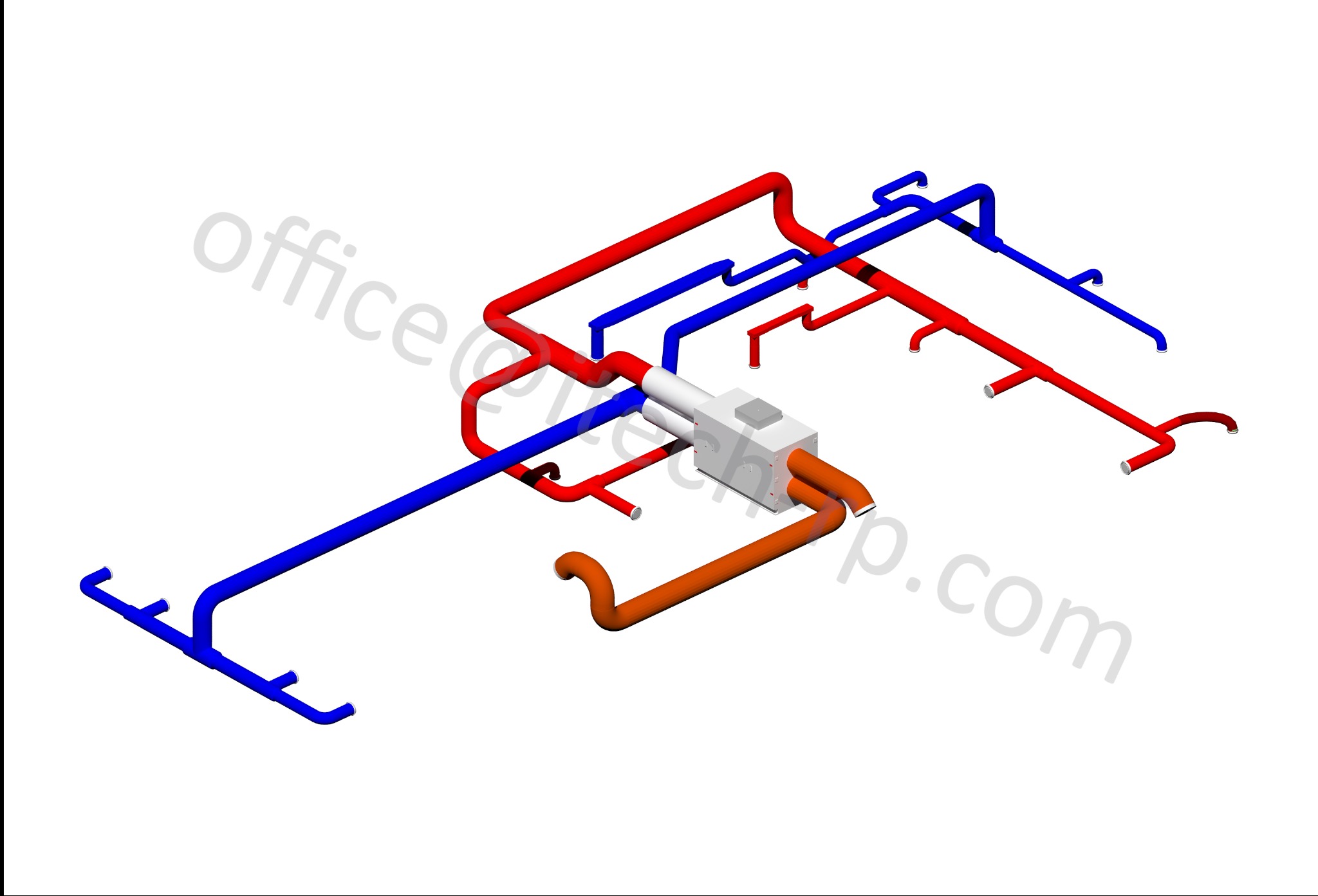 Schemat instalacji sanitarnej w biurze, widok izometryczny. Rury w kolorach: czerwonym, niebieskim i pomarańczowym. Biała centrala wentylacyjna. Wizualizacja 3D.