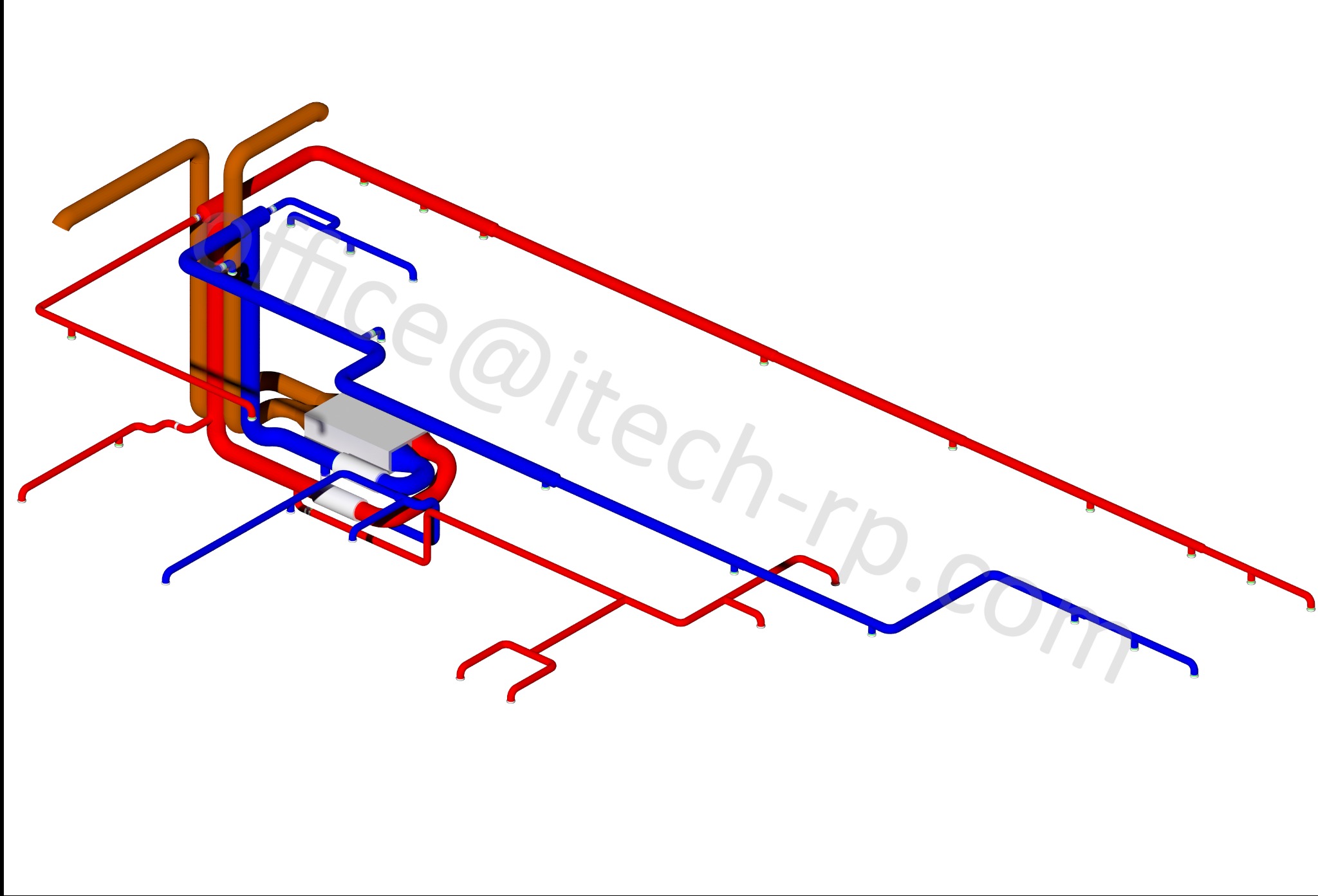 Kolorowy schemat 3D instalacji sanitarnych z rurami w odcieniach czerwieni, brązu i błękitu na białym tle. Widok izometryczny, prezentujący projekt inżynieryjny.