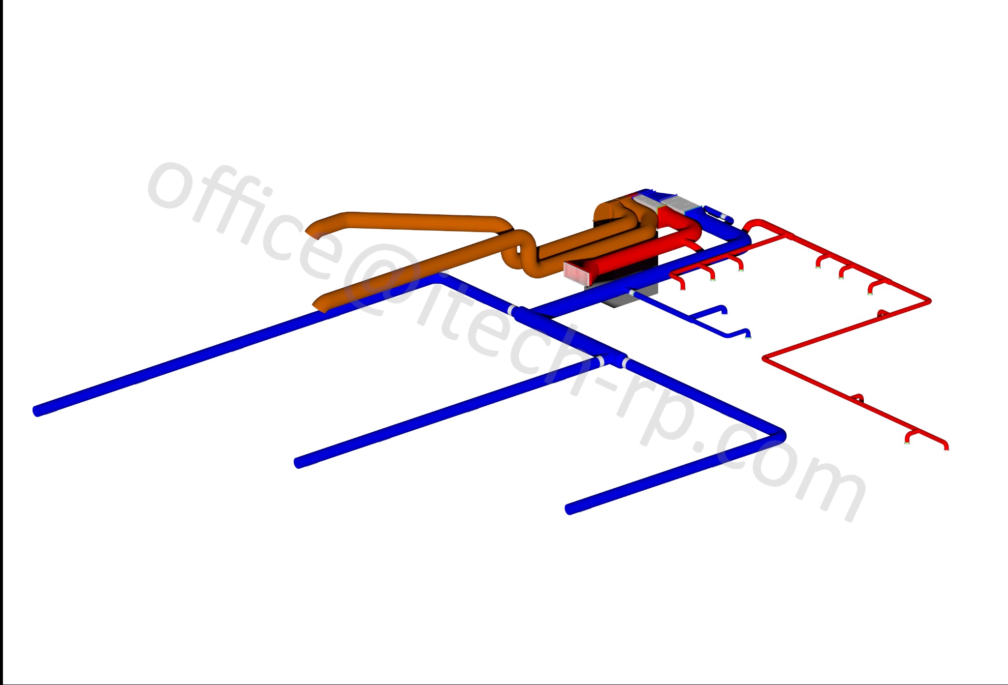 Schemat 3D instalacji sanitarnych z rurami w kolorach: niebieskim, czerwonym i brązowym na białym tle. Widoczne złączenia i rozgałęzienia. Grafika z adresem strony.