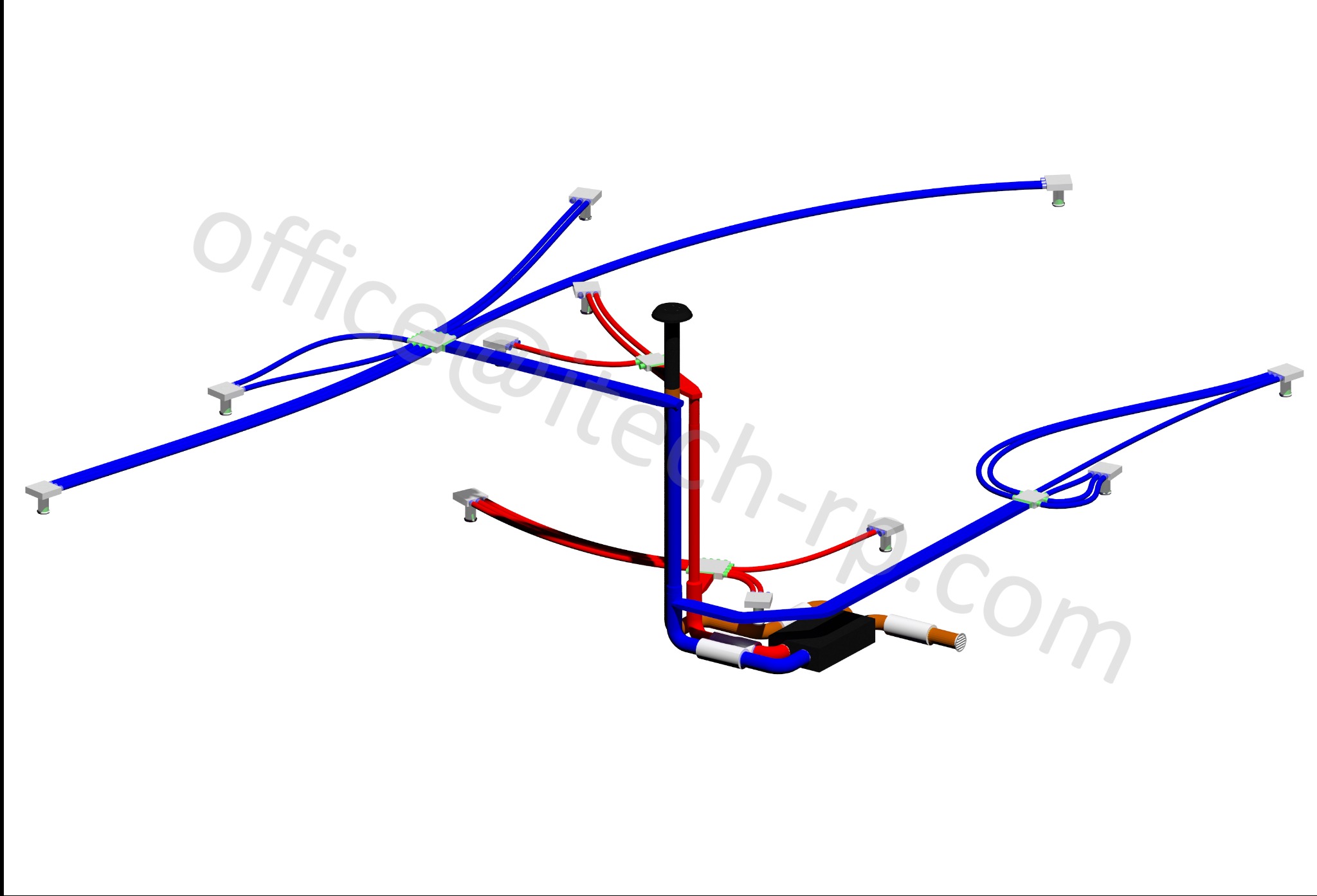 Schemat 3D instalacji z przewodami w kolorach niebieskim i czerwonym, zamocowanymi do białych uchwytów. Widok z góry, na białym tle.