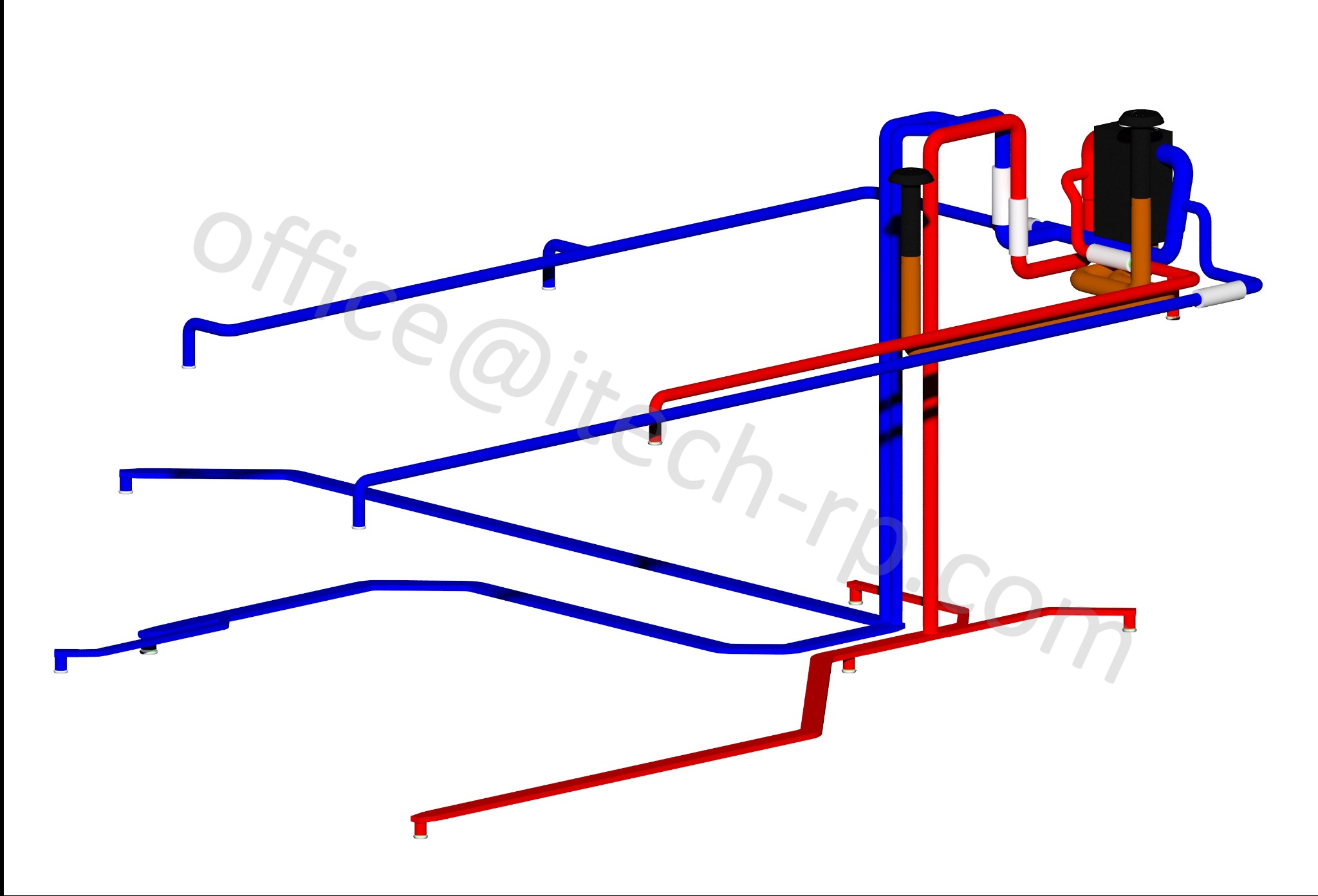 Schemat instalacji: rury w kolorach niebieskim i czerwonym, wizualizacja 3D z widocznym adresem email w tle. Prezentacja projektu instalacji.