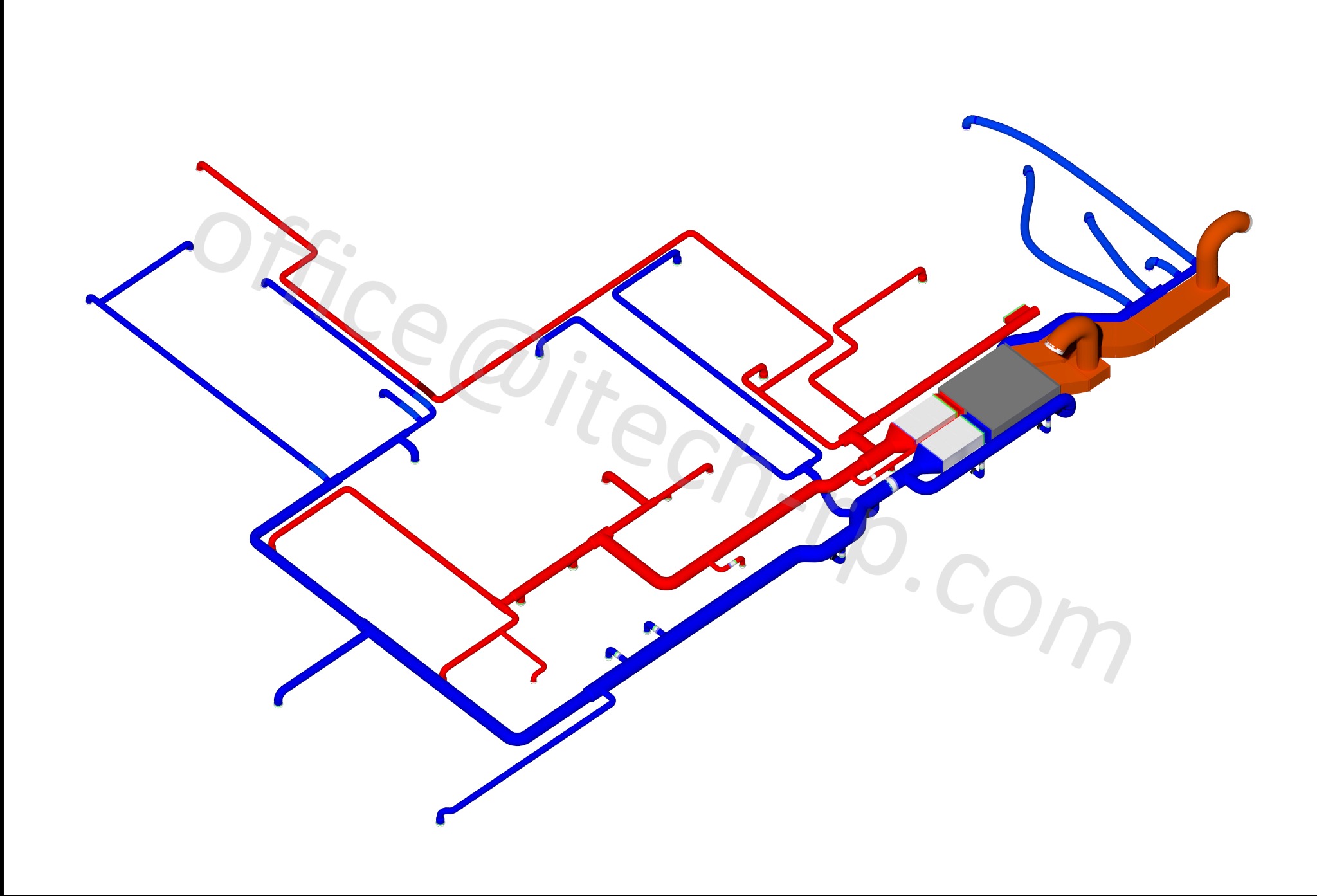 Schemat instalacji sanitarnych w 3D z rurami w kolorach czerwonym i niebieskim, widok z góry, na białym tle. Prezentacja projektu instalacji.