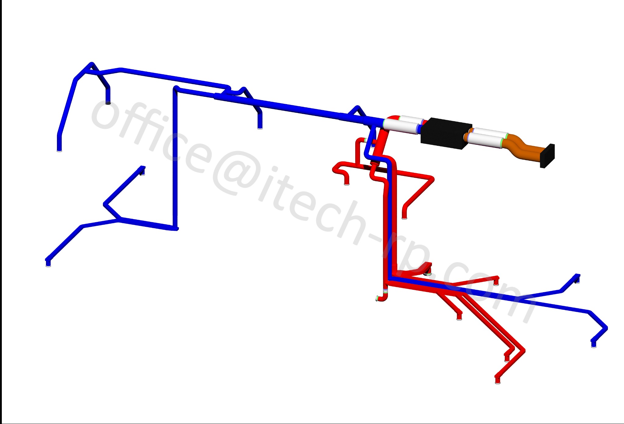 Schemat instalacji: rury w kolorze niebieskim i czerwonym, z elementami czarnymi, białymi i pomarańczowymi. Widok z góry, na białym tle.