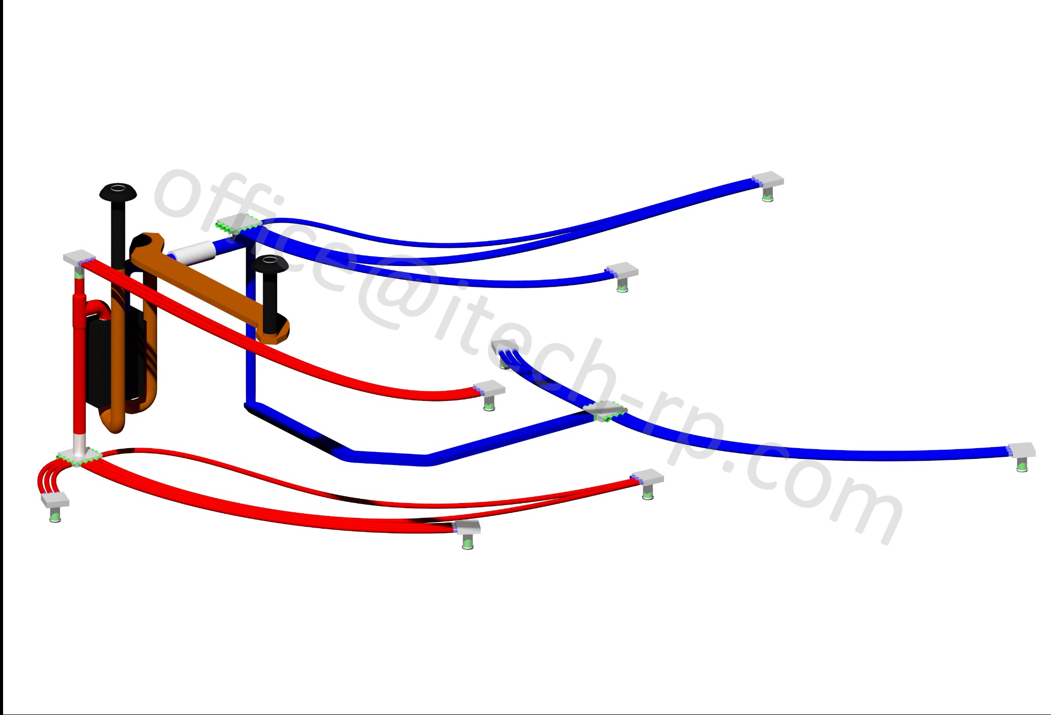 Schemat instalacji: rury czerwone i niebieskie, mocowane do ściany. Wizualizacja 3D z widocznymi punktami mocowania i przebiegiem instalacji.