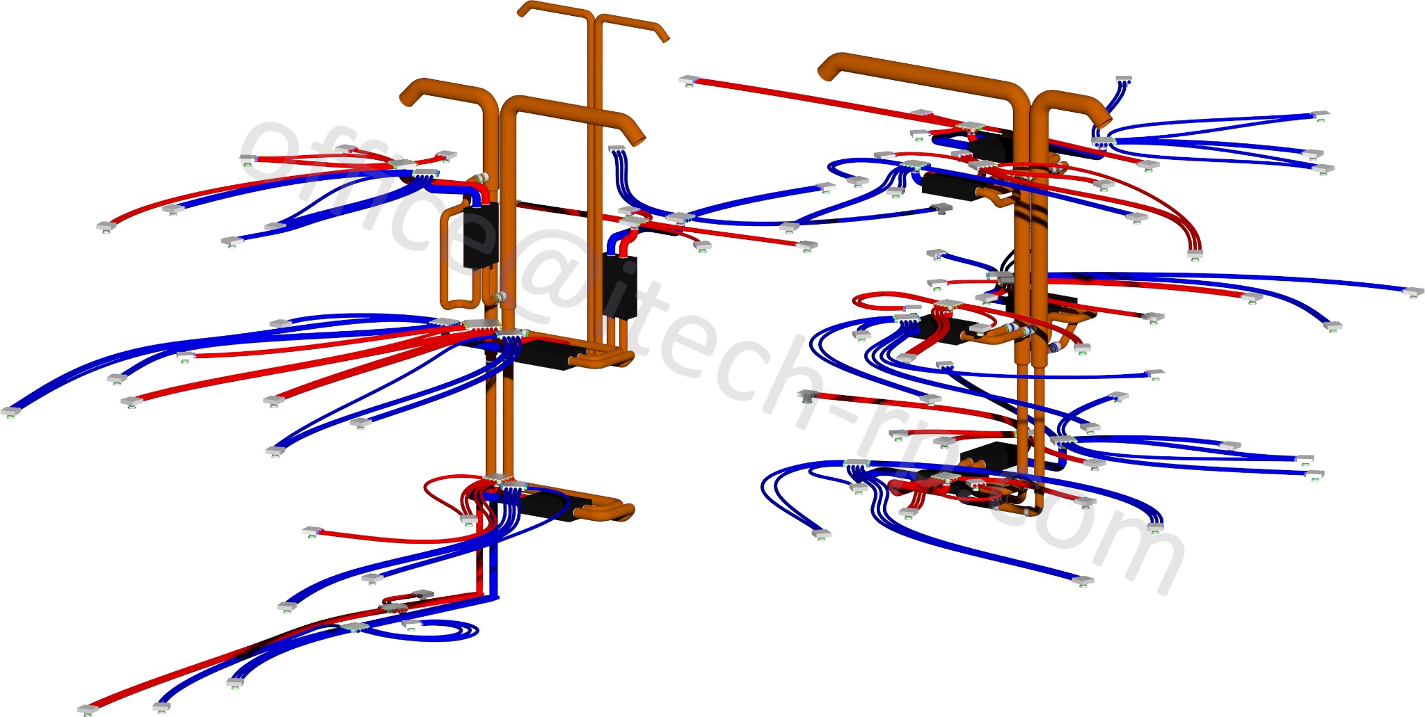 Schemat instalacji sanitarnej 3D z rurami w kolorach czerwonym i niebieskim, złączkami i elementami montażowymi na białym tle. Wizualizacja projektu instalacji.