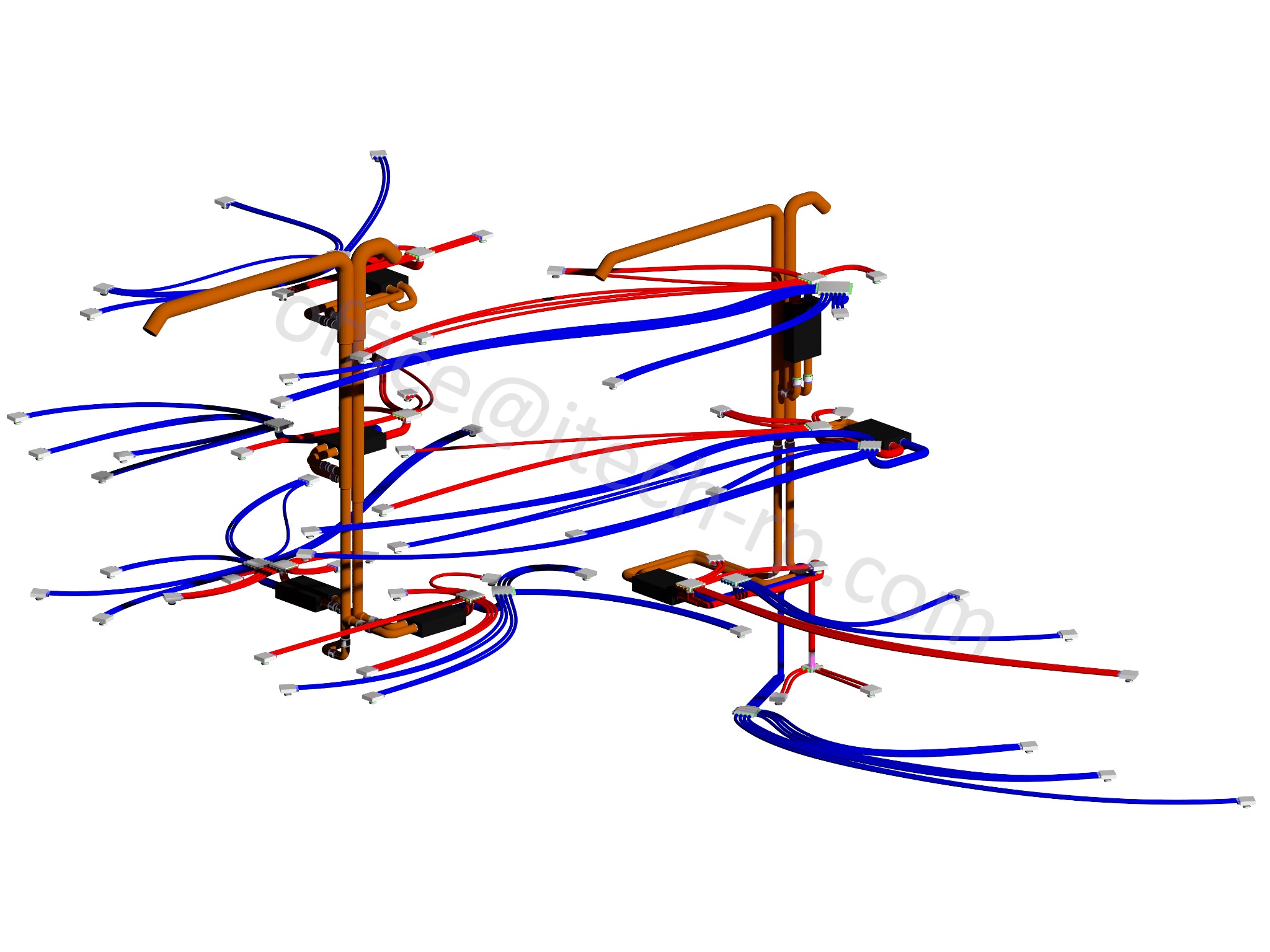 Schemat 3D instalacji z rur miedzianych i przewodów w kolorach czerwonym i niebieskim, na białym tle. Widoczne złącza i elementy montażowe. Grafika techniczna.
