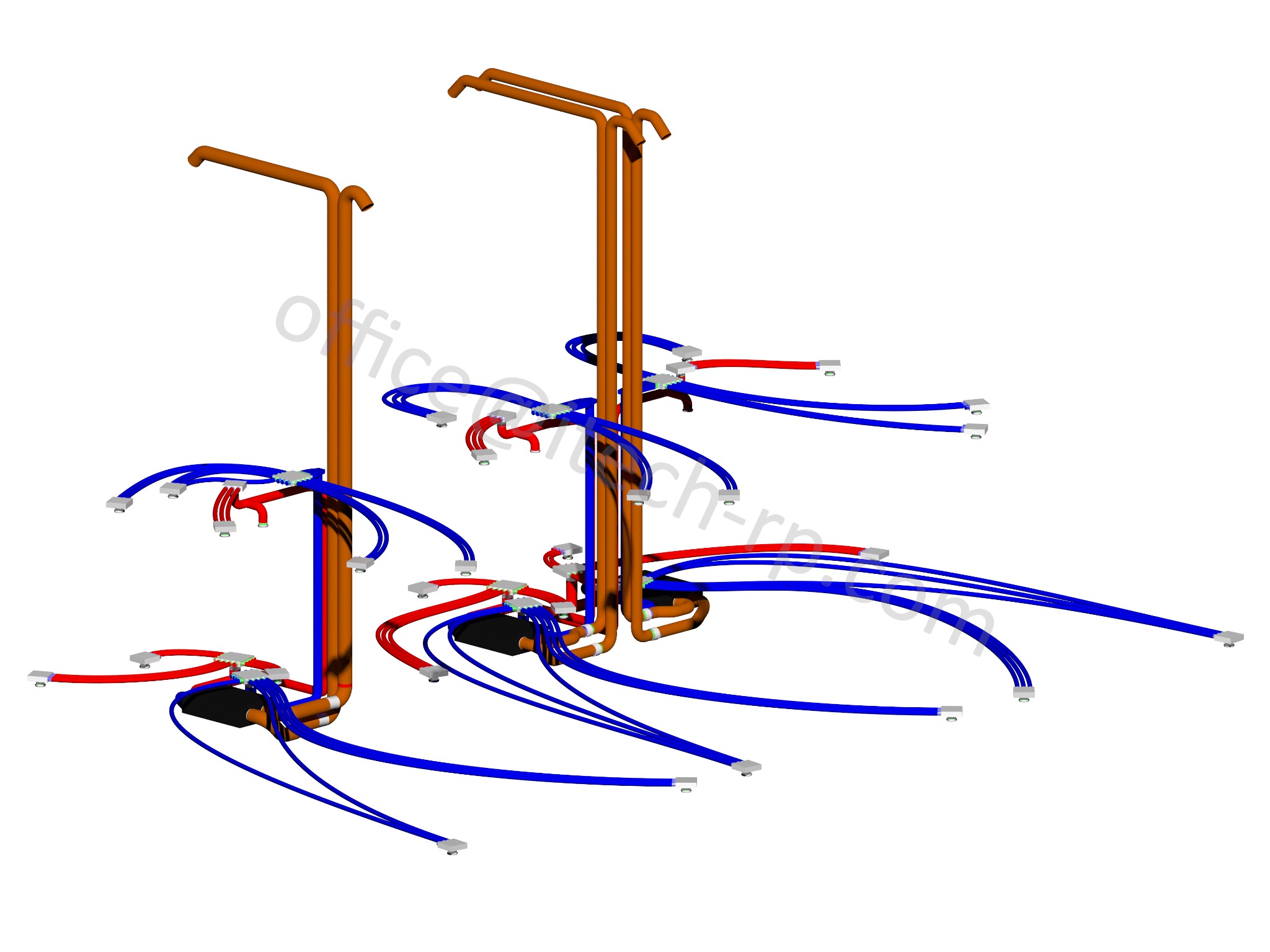 Schemat instalacji wodnej i kanalizacyjnej w 3D, z rurami w kolorach niebieskim i czerwonym, na białym tle. Widok z góry, prezentujący rozkład rur.