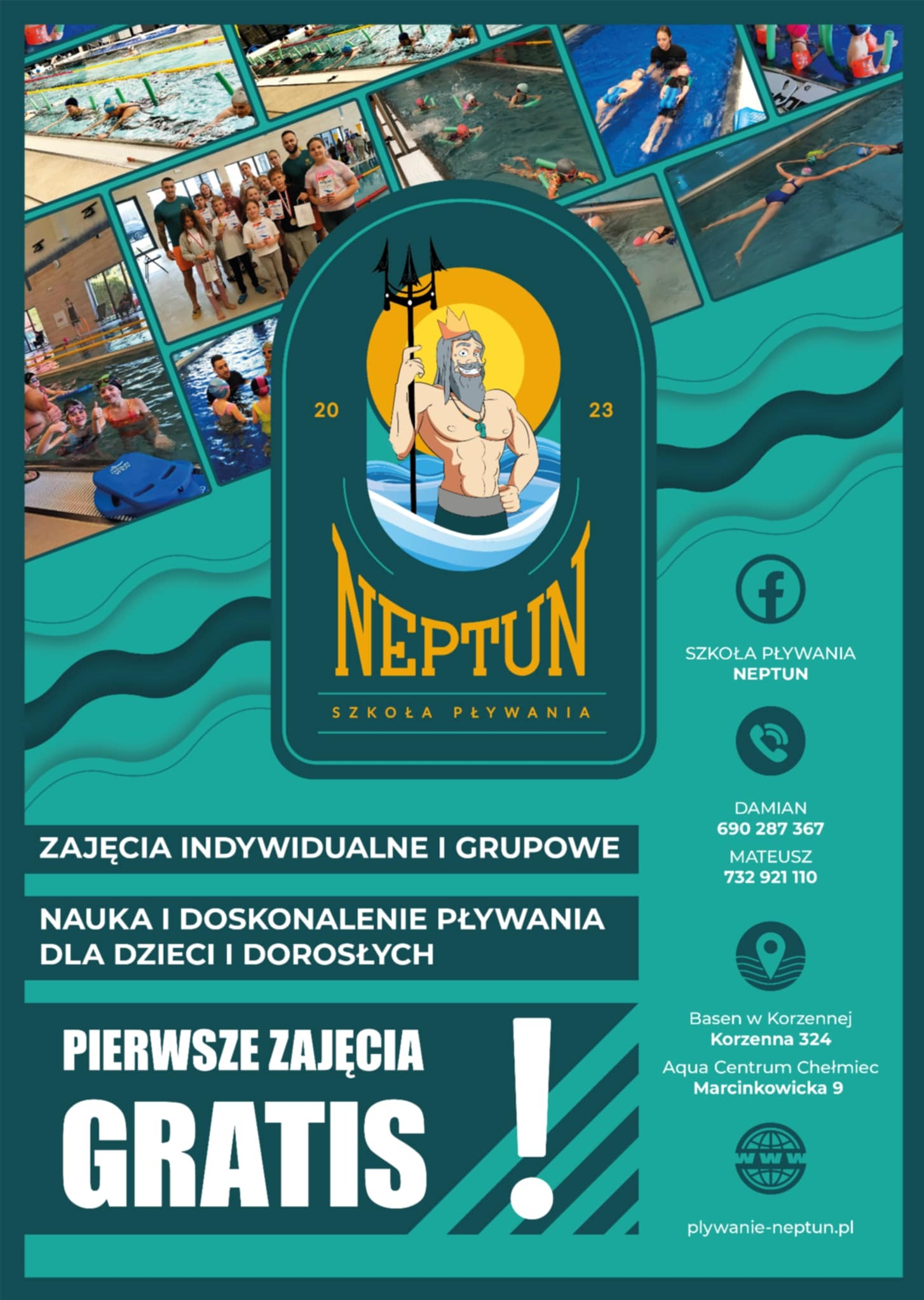 Grafika reklamowa szkoły pływania Neptun z kolażem zdjęć z zajęć na basenie, logo z Neptunem i informacją o darmowych pierwszych zajęciach.