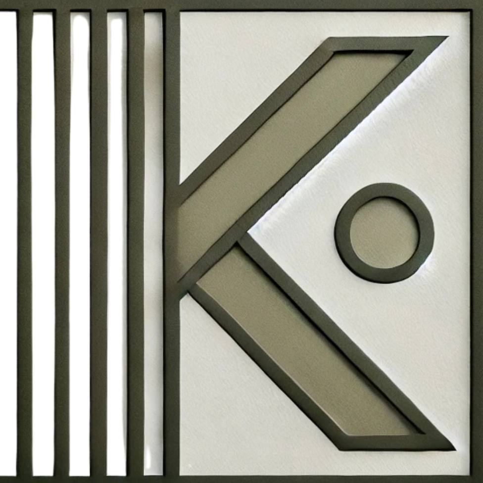 Abstrakcyjna kompozycja ścienna z geometrycznym motywem litery K i okręgu, wykonana z materiałów w odcieniach szarości i bieli, w nowoczesnym stylu.