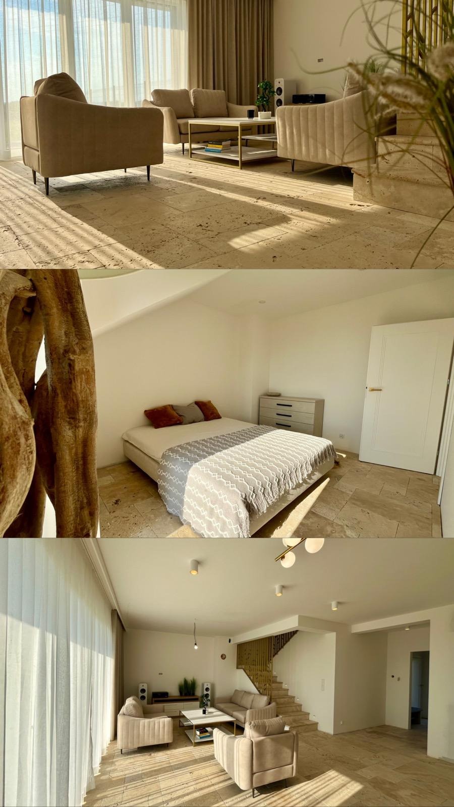 Trzy kadry z wnętrza domu: salon z trawertynową podłogą i beżowymi meblami, sypialnia z łóżkiem i komodą, oraz widok na schody z salonu. Jasne, naturalne światło.