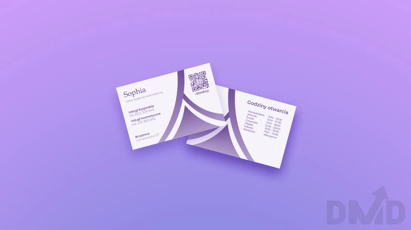 Dwie wizytówki salonu fryzjersko-kosmetycznego 'Sophia' na fioletowym tle. Widoczne dane kontaktowe, godziny otwarcia i logo booksy. Minimalistyczny design z fioletowymi akcentami.