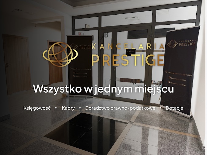 Wnętrze biura Kancelarii Prestige z roll-upami, oferującej księgowość, kadry, doradztwo prawno-podatkowe i dotacje. Widoczne logo i hasło: 'Wszystko w jednym miejscu'.