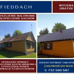 Fieddach - Dom przed i po renowacji dachu i elewacji. Po lewej: stary dach, brudna elewacja. Po prawej: odnowiony dach, pomalowana elewacja. Oferta: czyszczenie, malowanie, zabezpieczenie.