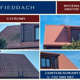 Fieddach - Cztery kadry dachu przed i po czyszczeniu, z brązową dachówką i ciemnym drewnem, na tle błękitnego nieba. Reklama firmy z hasłem 'Czyścimy' i numerem telefonu.