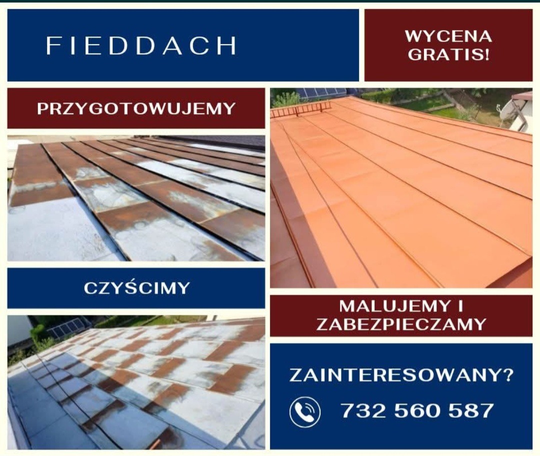 Dachówka przed i po czyszczeniu oraz malowaniu, z widocznym efektem odświeżenia i zabezpieczenia. Oferta z wyceną gratis i numerem telefonu.
