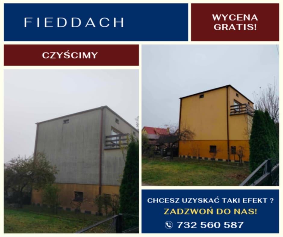 Elewacja budynku przed i po czyszczeniu, z widoczną różnicą w kolorze i czystości. Oferta z wyceną gratis i numerem telefonu.