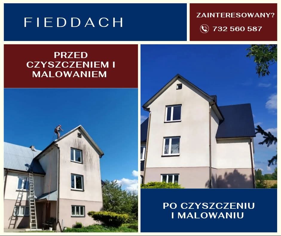 Dom przed i po czyszczeniu i malowaniu dachu oraz elewacji. Po lewej stronie pracownik na dachu, po prawej odnowiony budynek na tle błękitnego nieba.