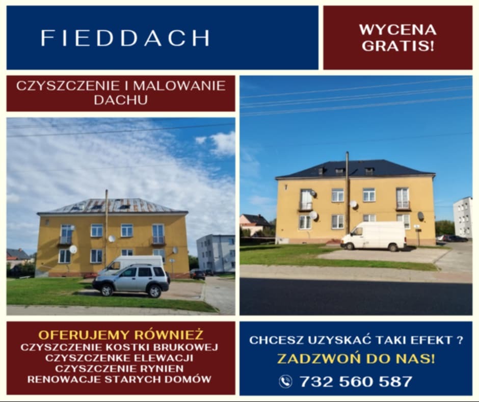 Żółty budynek po czyszczeniu i malowaniu dachu, z ofertą czyszczenia kostki brukowej i rynien. Na pierwszym planie srebrny samochód, w tle biały bus.