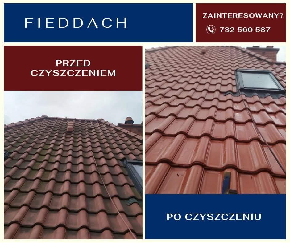 Czerwona dachówka przed i po czyszczeniu, widok z dołu. Po prawej stronie dachu okno dachowe. Na górze logo firmy FIEDDACH i numer telefonu.
