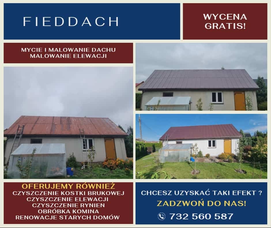 Grafika reklamowa firmy budowlanej: zdjęcia domów przed i po renowacji dachu i elewacji, oferta czyszczenia rynien, kostki brukowej, obróbki komina. Kontakt telefoniczny.