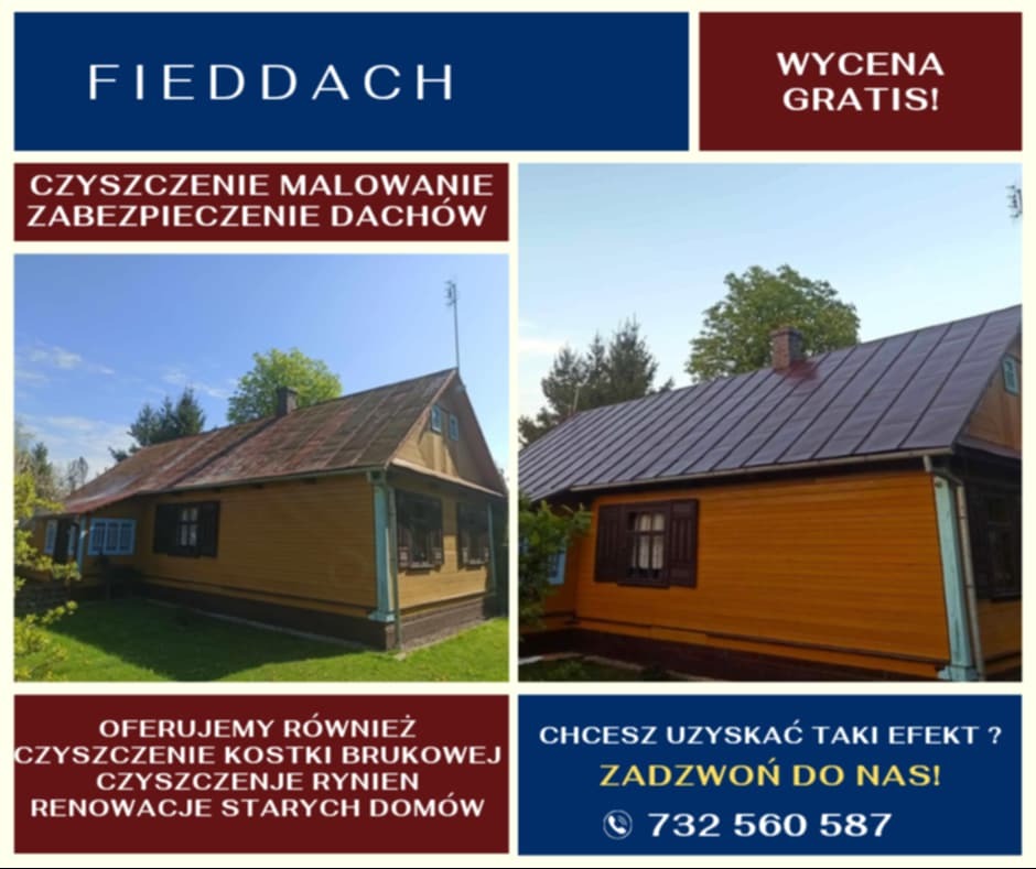 Dom przed i po renowacji dachu i elewacji. Po lewej: stary dach, brudna elewacja. Po prawej: odnowiony dach, pomalowana elewacja. Oferta: czyszczenie, malowanie, zabezpieczenie.