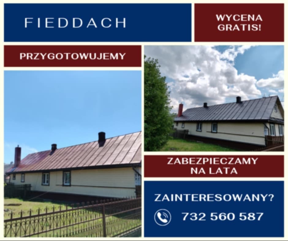 Dom z nowym, brązowym dachem i jasną elewacją, otoczony zielenią. Reklama firmy z hasłem 'Zabezpieczamy na lata' i numerem telefonu.
