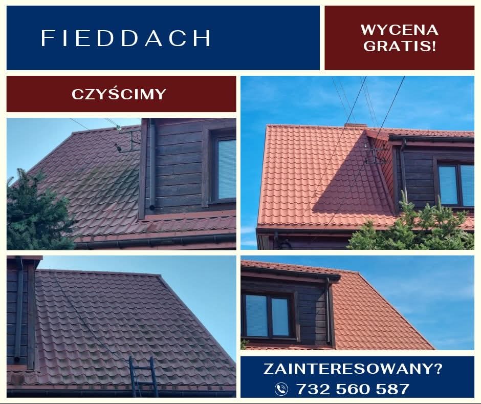 Cztery kadry dachu przed i po czyszczeniu, z brązową dachówką i ciemnym drewnem, na tle błękitnego nieba. Reklama firmy z hasłem 'Czyścimy' i numerem telefonu.